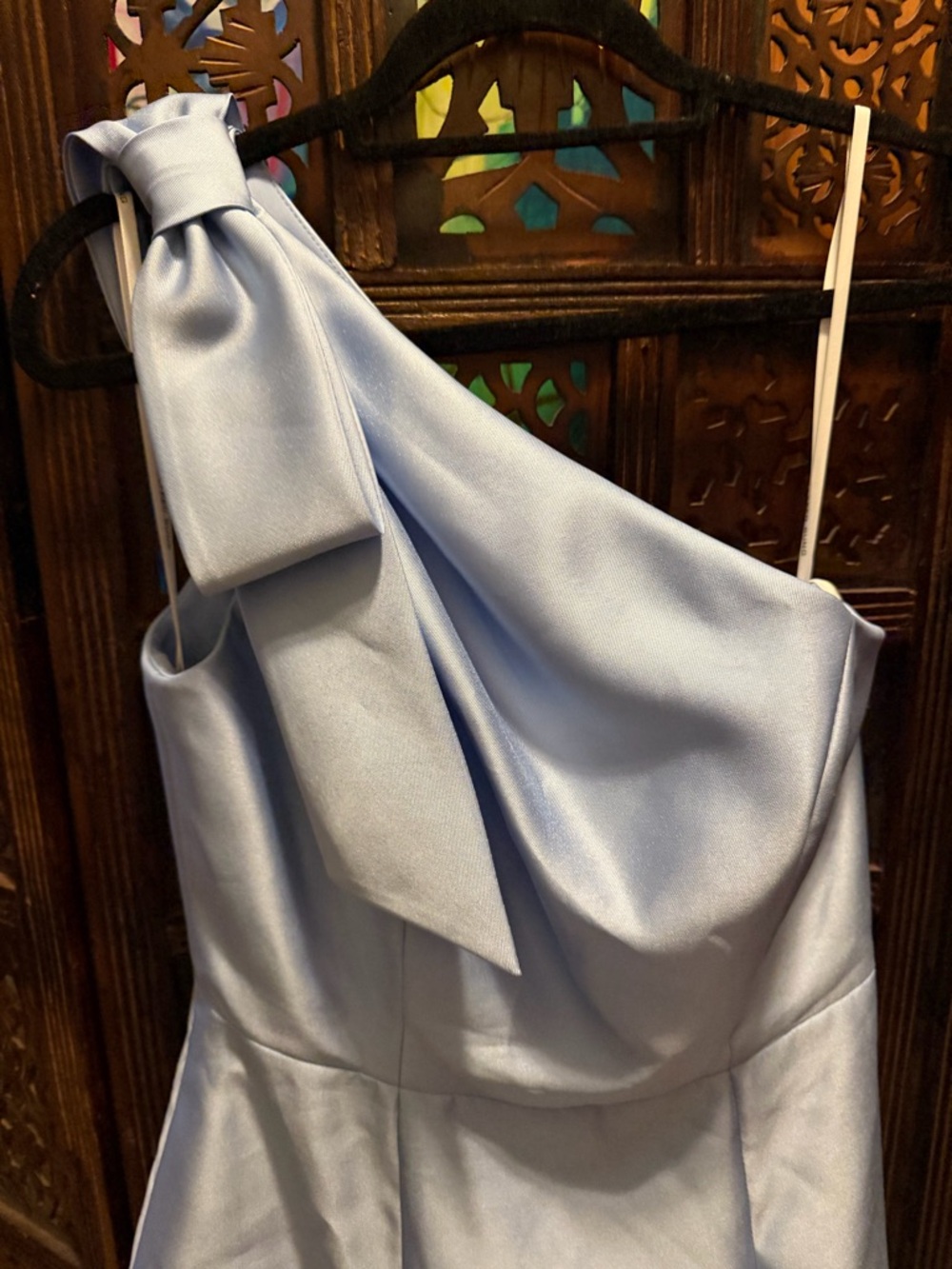 ALFRED SUNG Light Blue Satin Bow-Shoulder Maxi Gown Size 4 - Picture 4 of 7